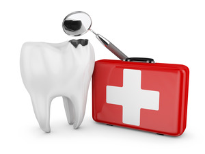 Illustration of tooth, dental mirror, and emergency kit